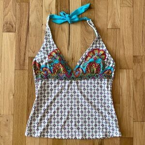 Athleta Floral Halter Top Tie Neck Pink Blue Built In Bra Size Small